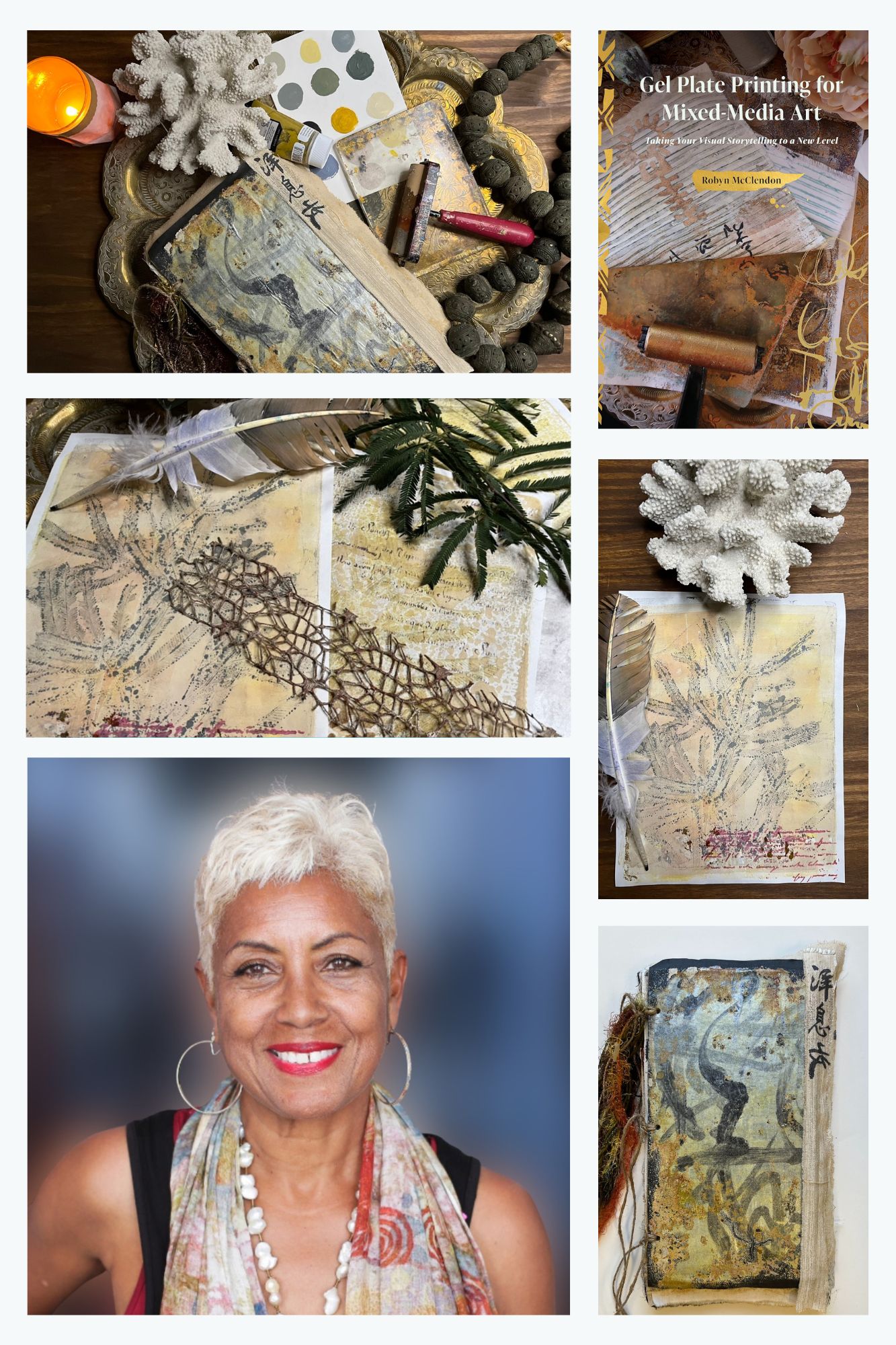 photo collage of Robyn McClendon and gelli printing