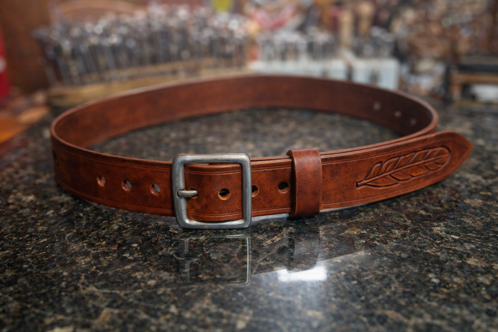 Handcrafted brown leather belt with decorative feather tooling and silver buckle, showcasing the Custom Tooled Belt leatherworking workshop at Rocky Mountain Folk School in Grand Lake, Colorado.