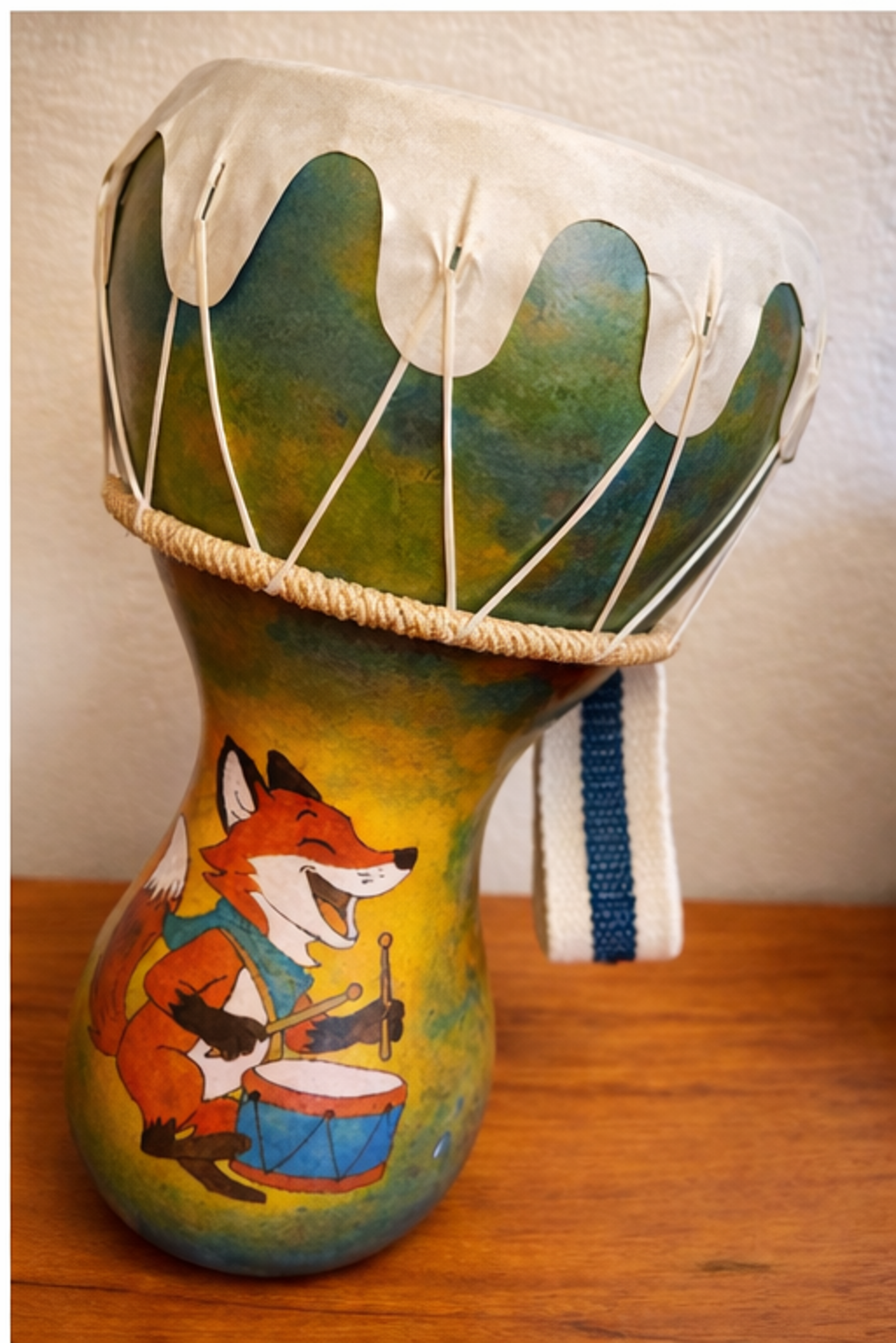 Handcrafted gourd drum with hand-painted fox playing a drum and rawhide top