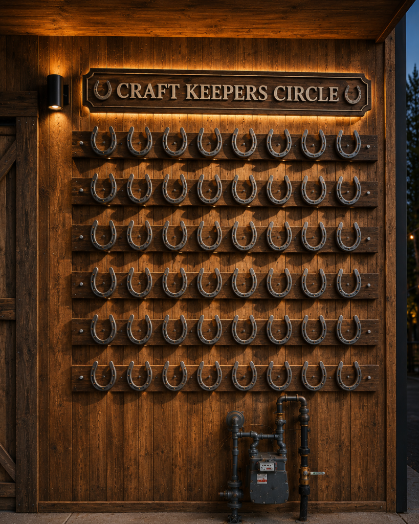 The Craft Keepers Circle recognition wall at Grand Spirit Makerspace features commemorative horseshoes honoring donors who have contributed $5,000 or more to support arts, culture, and community programs.