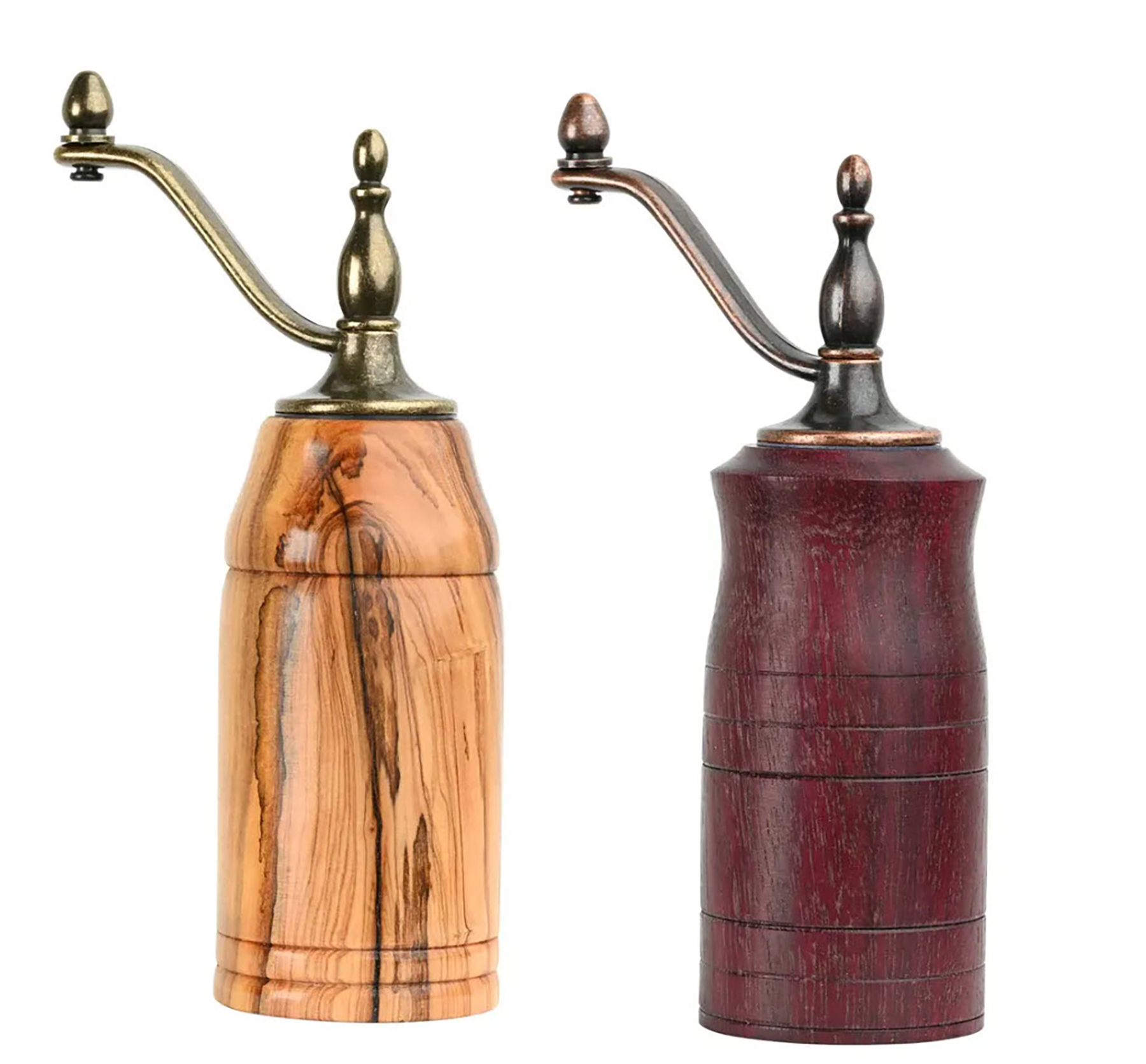 Handcrafted wooden salt and pepper grinders featuring turned wood bodies and antique-style metal crank handles