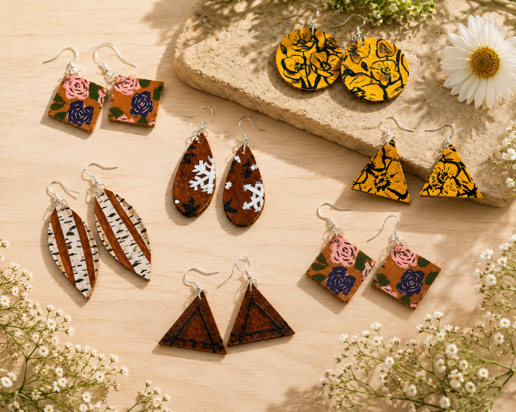 Colorful handmade leather earrings featuring painted floral, geometric, birch tree, and nature-inspired designs.